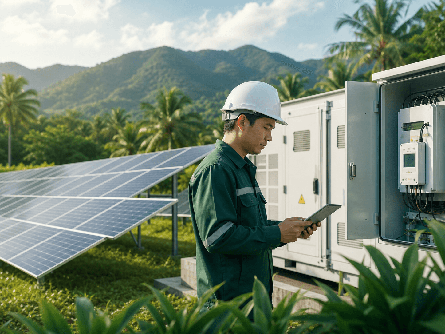 Energy asset operator inspecting solar infrastructure